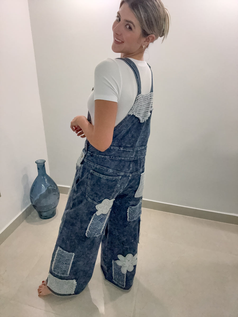 STRETCHY DENIM PATCHORK OVERALL JUMPSUIT