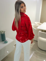 RED SATIN EMBROIDED DETAIL BLOUSE
