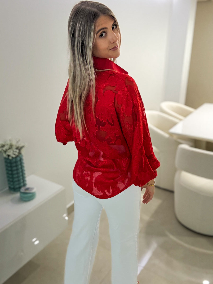 RED SATIN EMBROIDED DETAIL BLOUSE