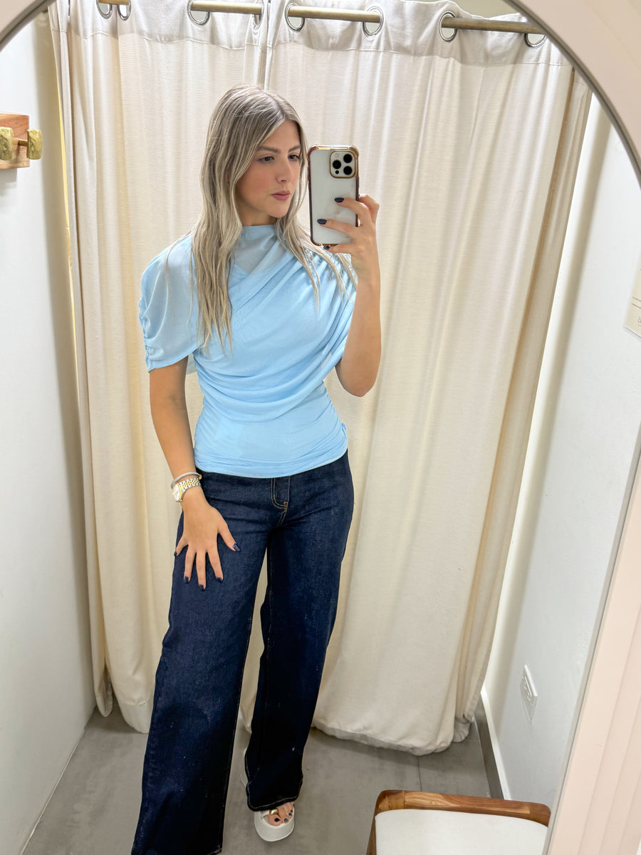 BLUE MESH RUCHED BLOUSE