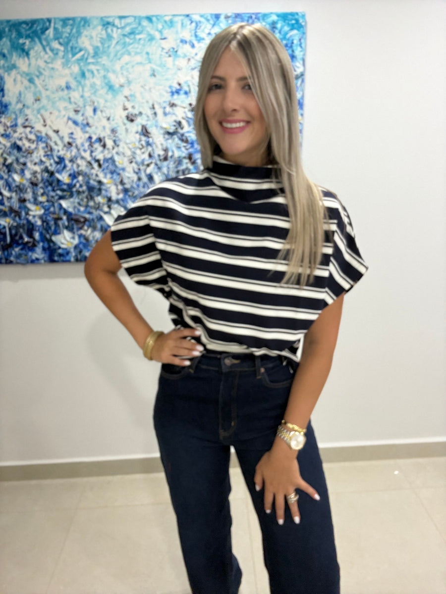 STRIPED NAVY MOCK NECK TOP
