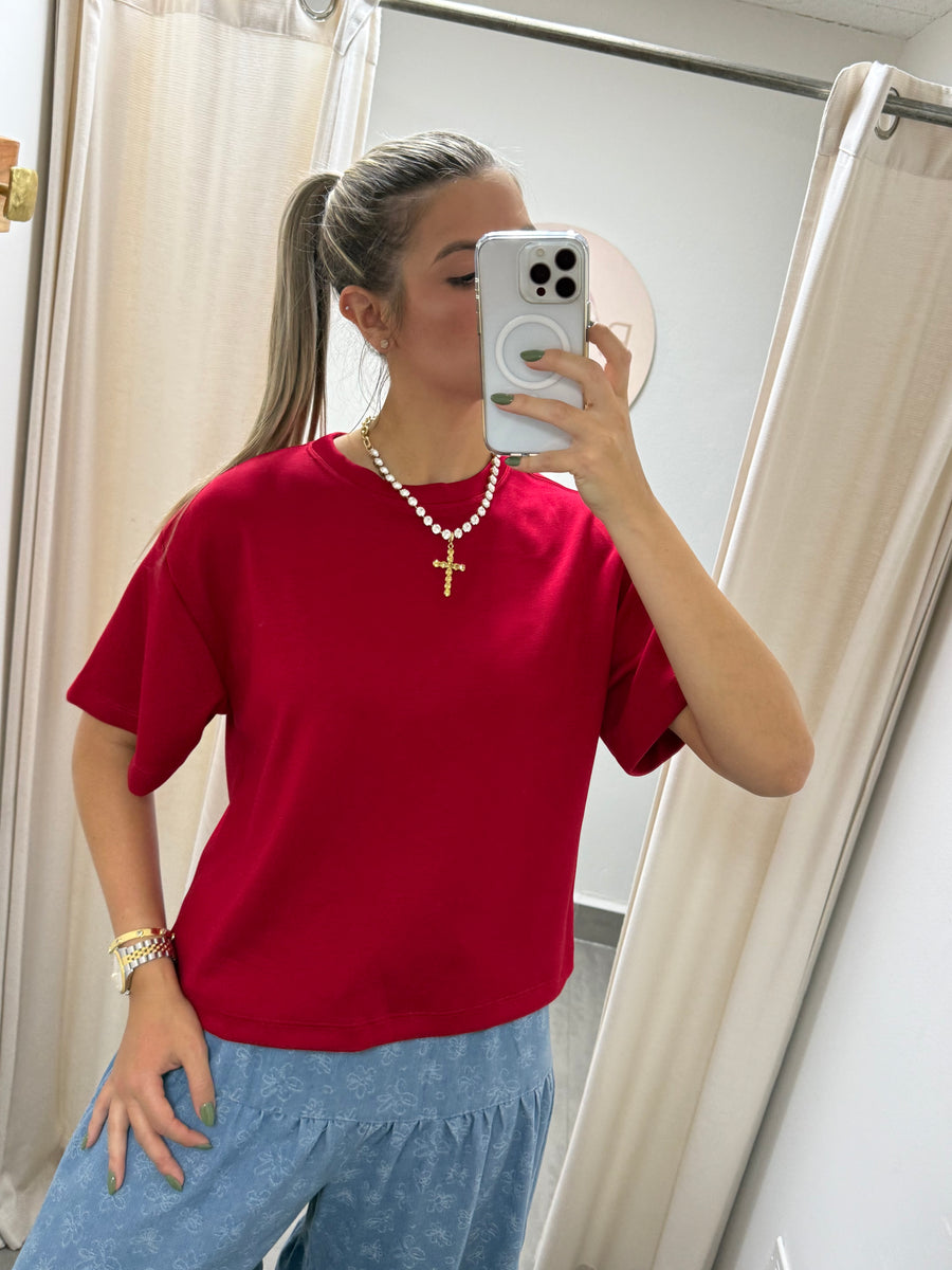 RED SHORT SLEEVE MODAL TOP