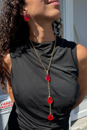 LONG GEM DROP NECKLACE SET ALL RED