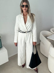 WHITE WIDE-LEG BELTEN TAILORED TROUSER PANTS