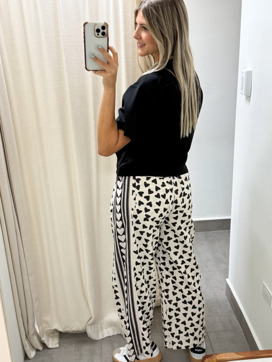 BLACK HEART PRINTED WIDE LEG PANTS