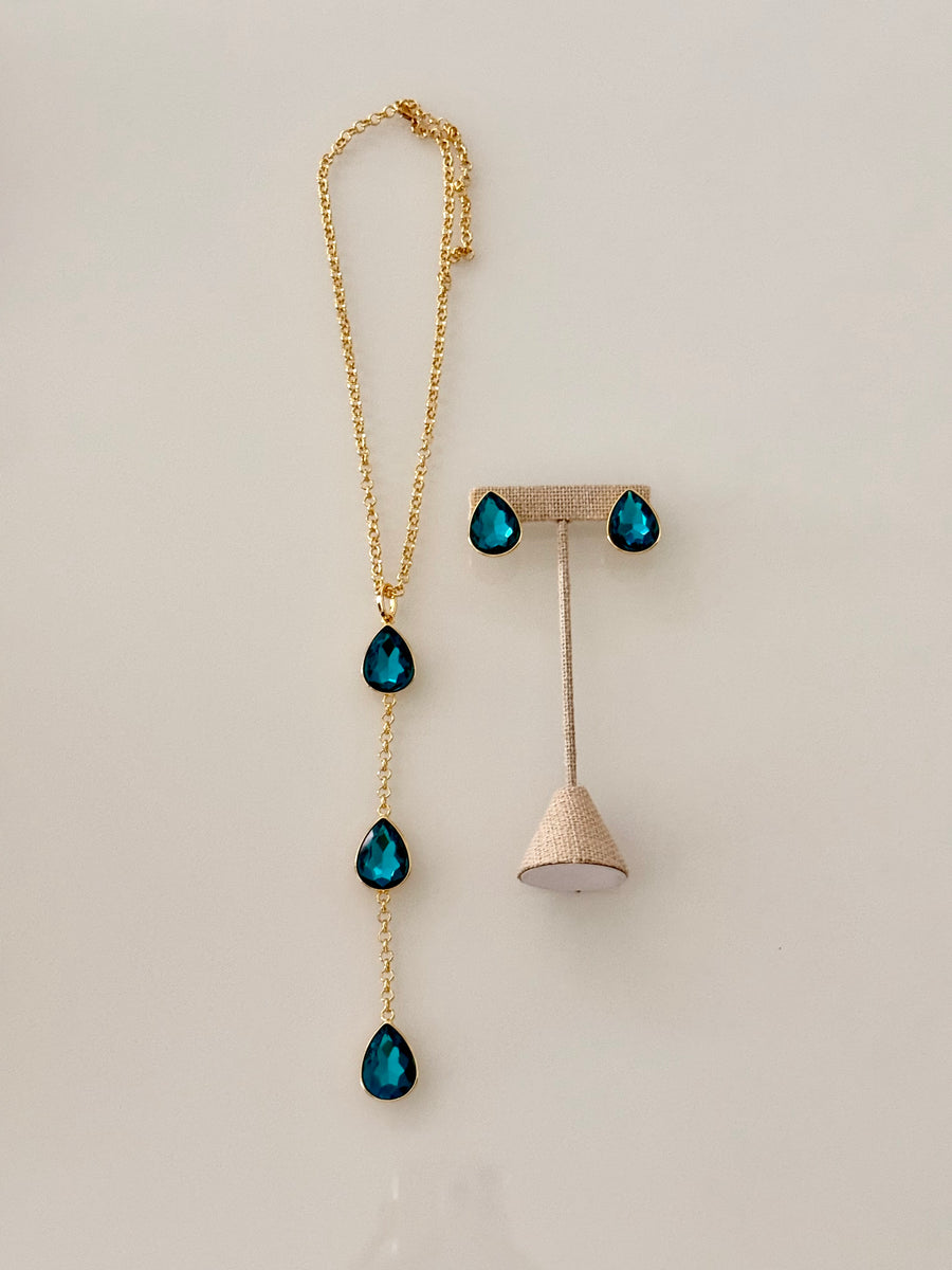 LONG GEM DROP NECKLACE SET ALL AQUA