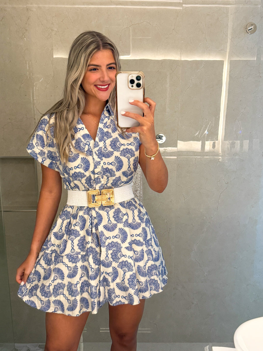 BLUE/WHITE PRINTED SHORT SLEEVES DRESS