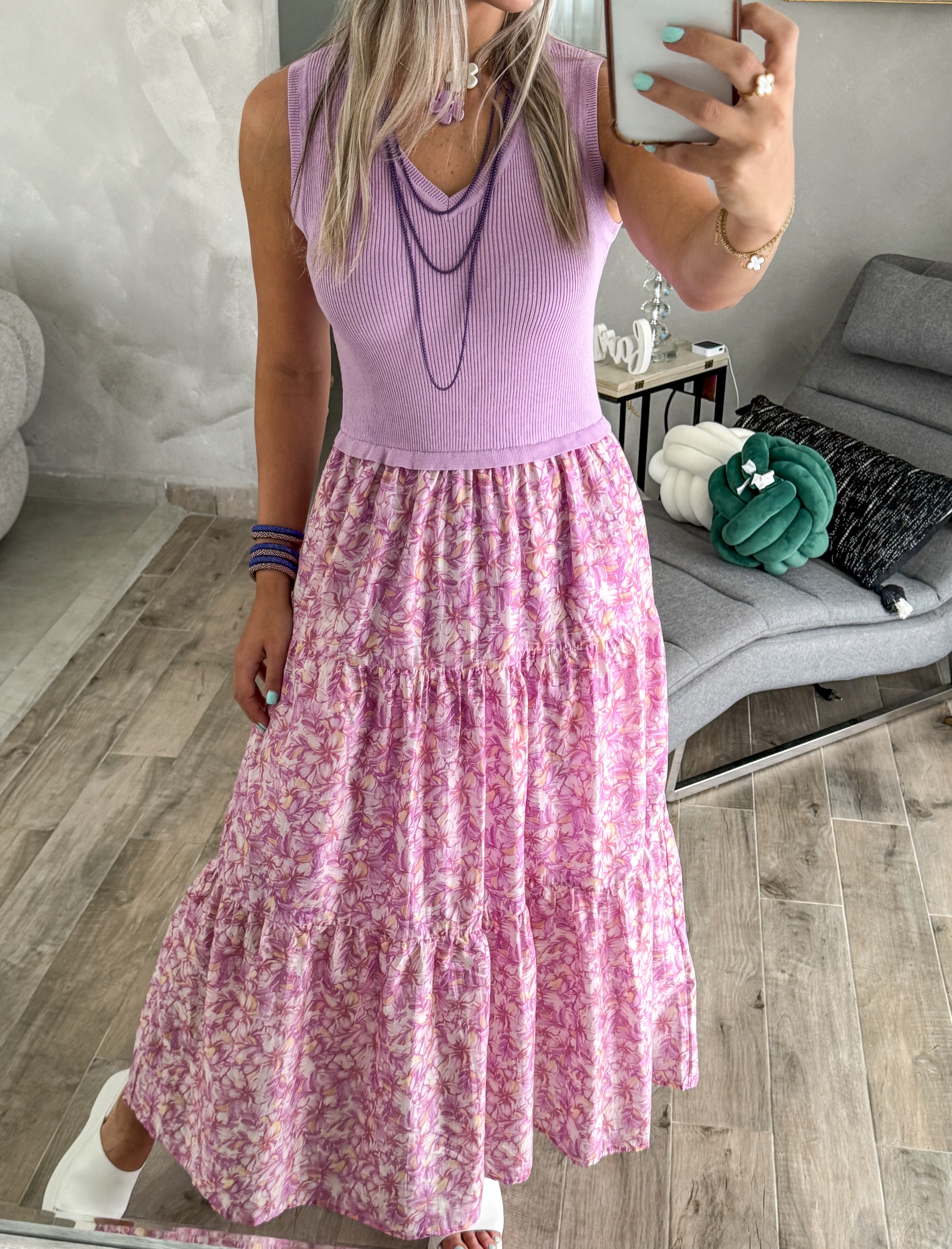LILAC MIXED FABRIC TANK MIDI DRESS
