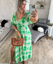 GREEN PRINT KIMONO SLEEVES MAXI DRESS