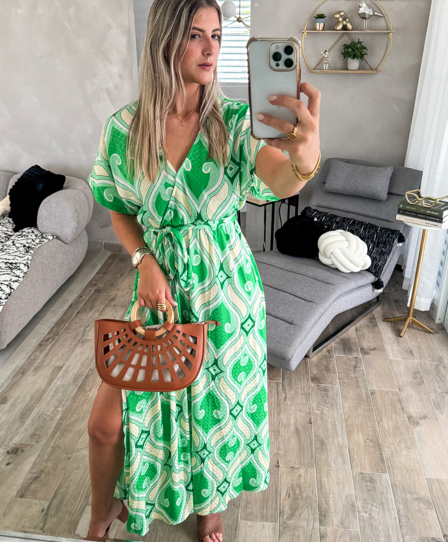 GREEN PRINT KIMONO SLEEVES MAXI DRESS