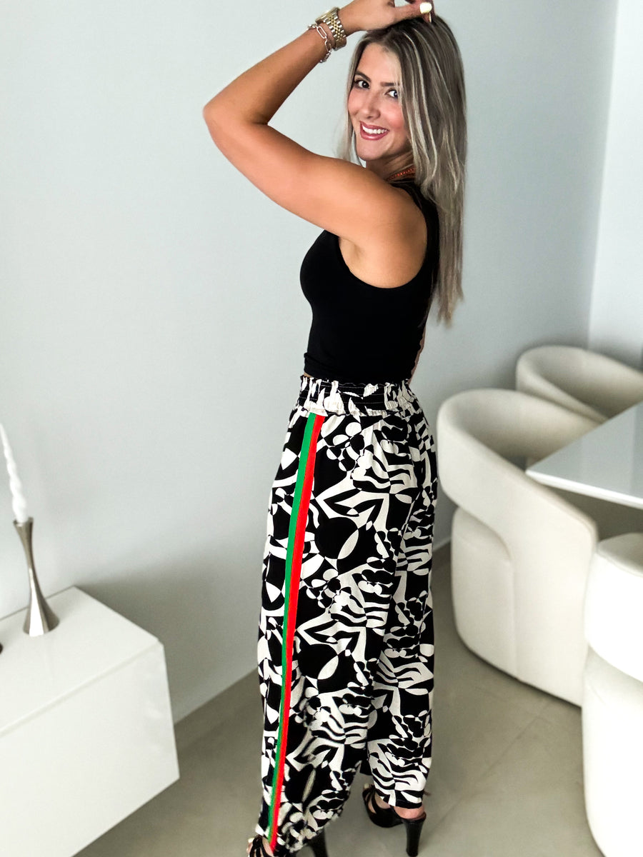 BLACK/NATURAL PRINTED NEON SIDE TRACK LINES PANTS