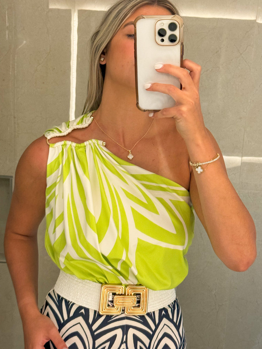 LIME/BLACK PRINT ONE SHOULDER SHIRRING JUMPSUIT