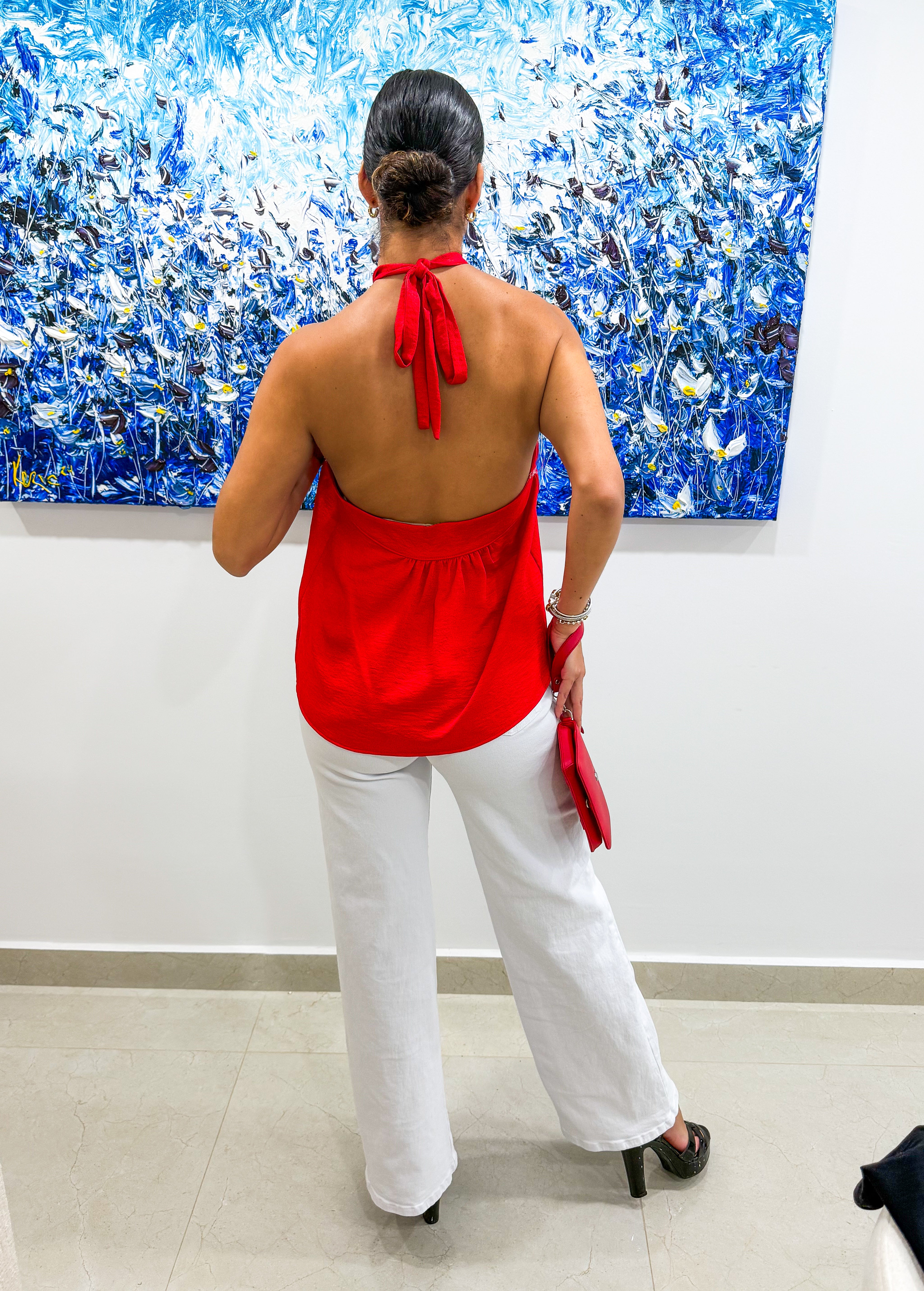 RED SATIN HALTER BLOUSE