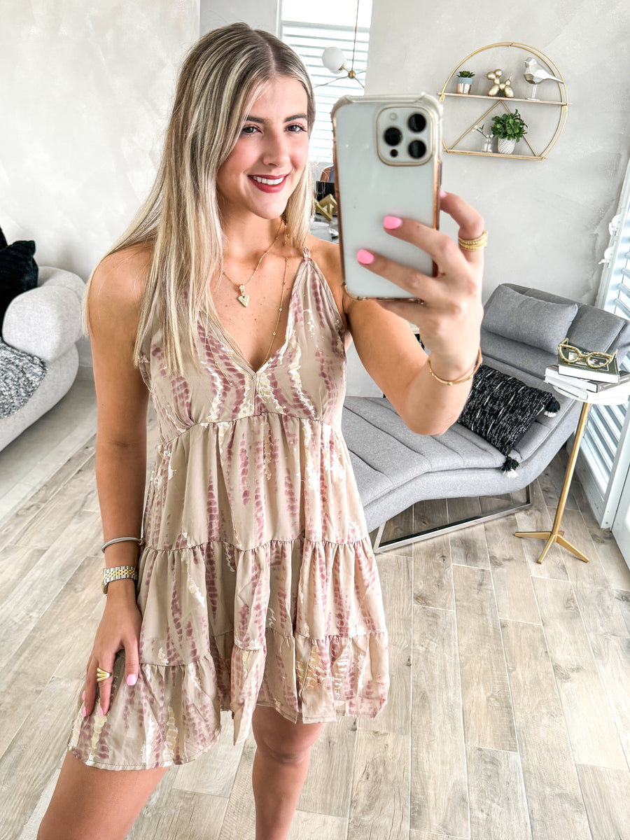 TAUPE TIE DYE RACERBACK SHORT DRESS