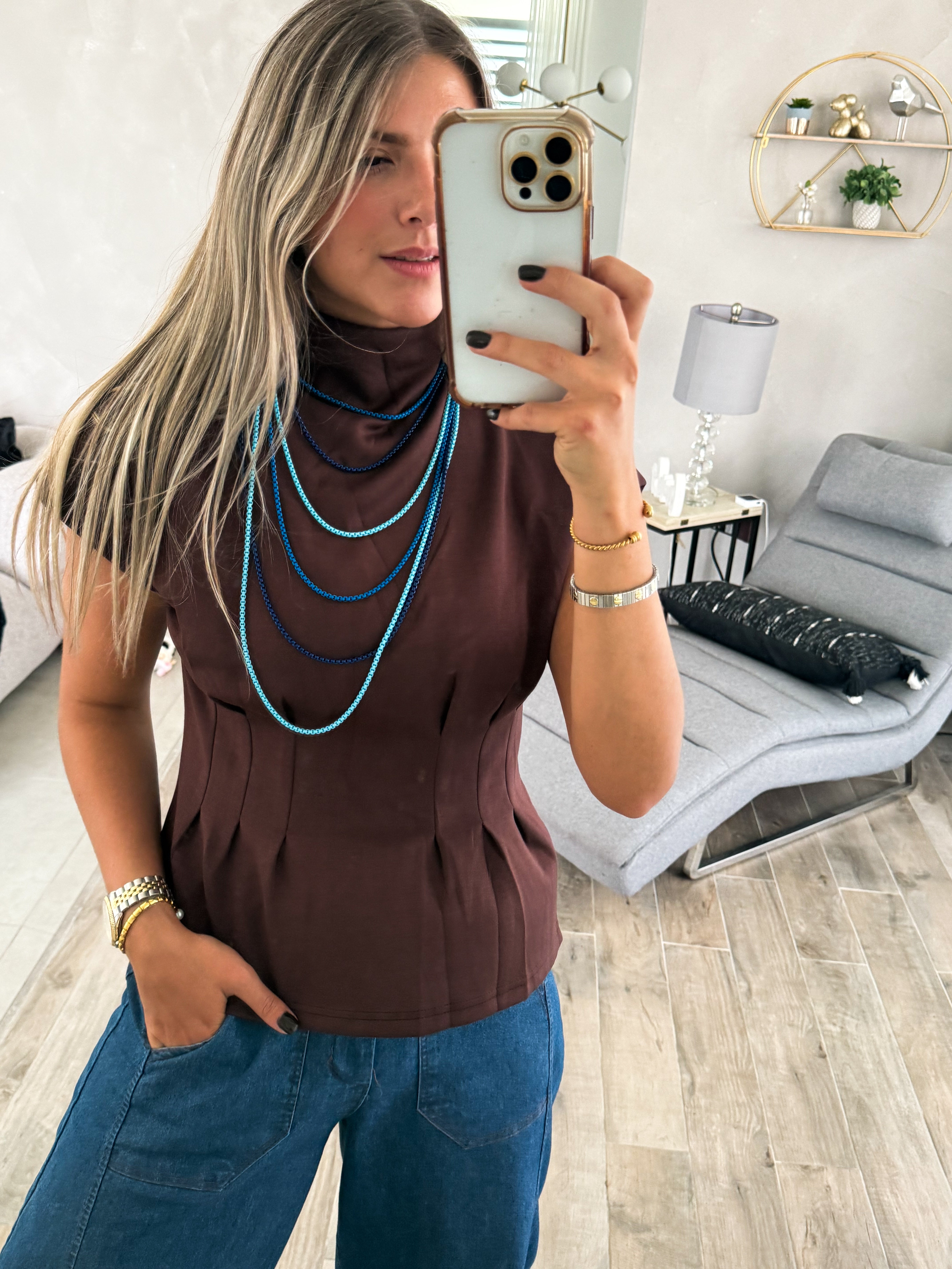 BROWN STRETCHY TAILORED BLOUSE
