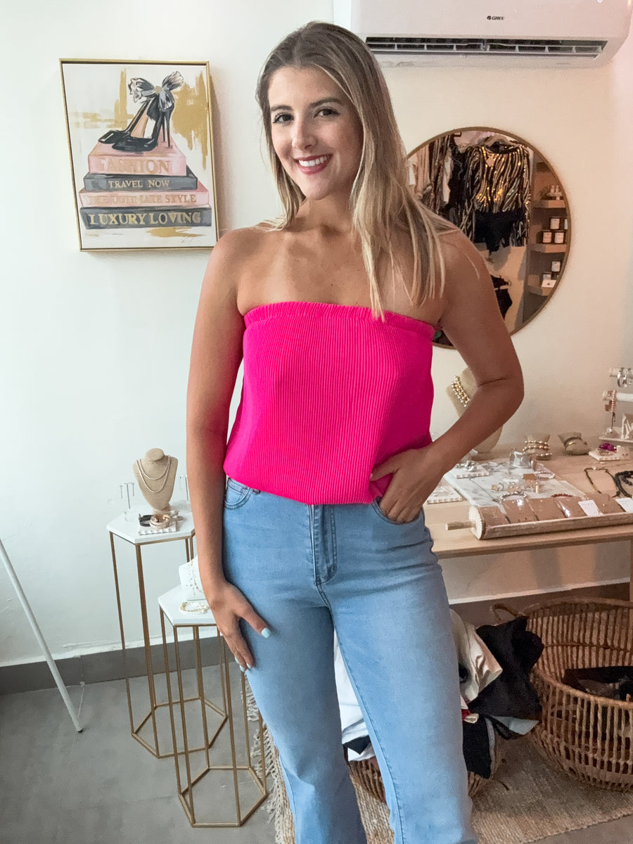 HOT PINK STRAPLESS PLEATED TUBE TOP