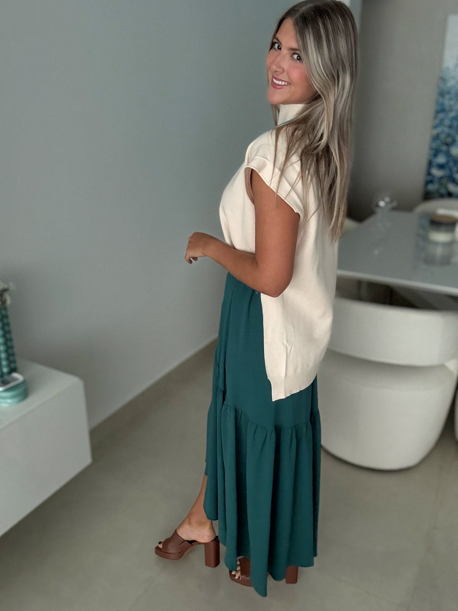 BEIGE MOCK NECK KNITTED BLOUSE