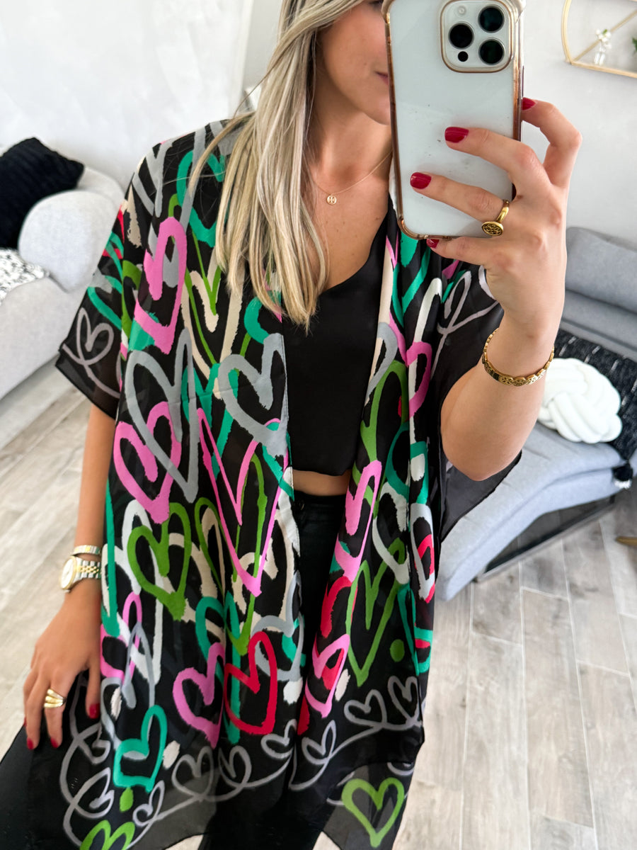 ONE SIZE HEART PRINT SILKY FEEL KIMONO