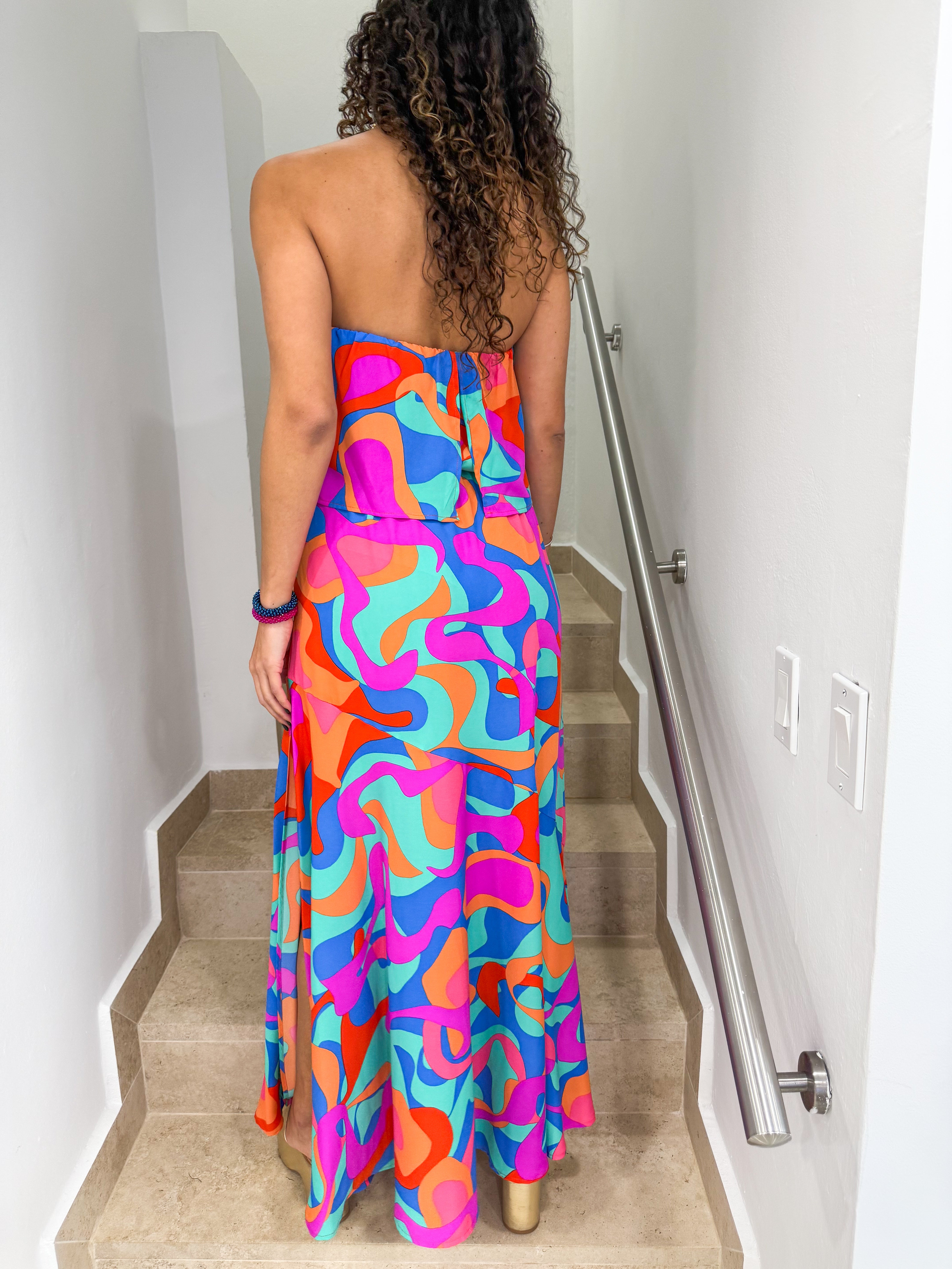 STRAPLESS PRINTED MAXI DRESS