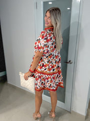 FALL COLORS PRINTED SHORT SLEEVES DRESS