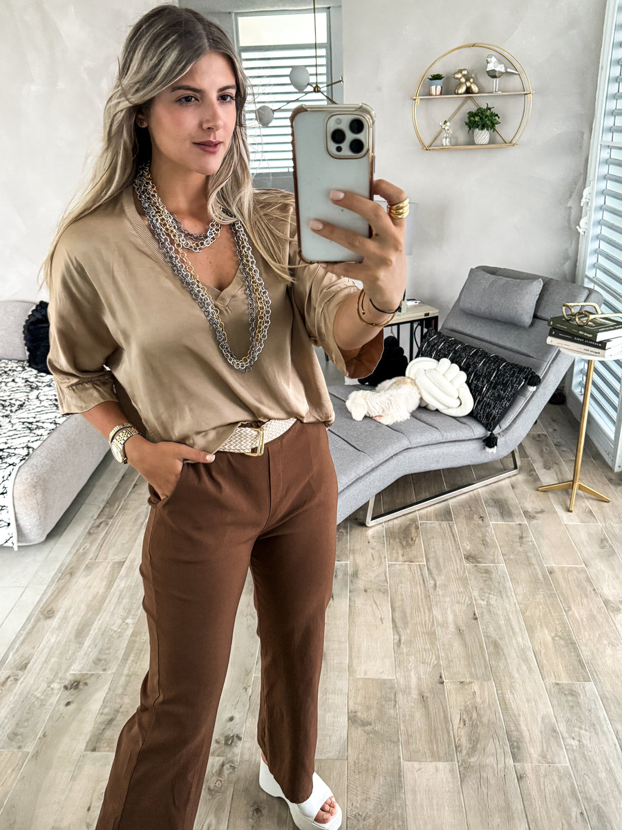 BROWN STRETCHY BELTED PANTS
