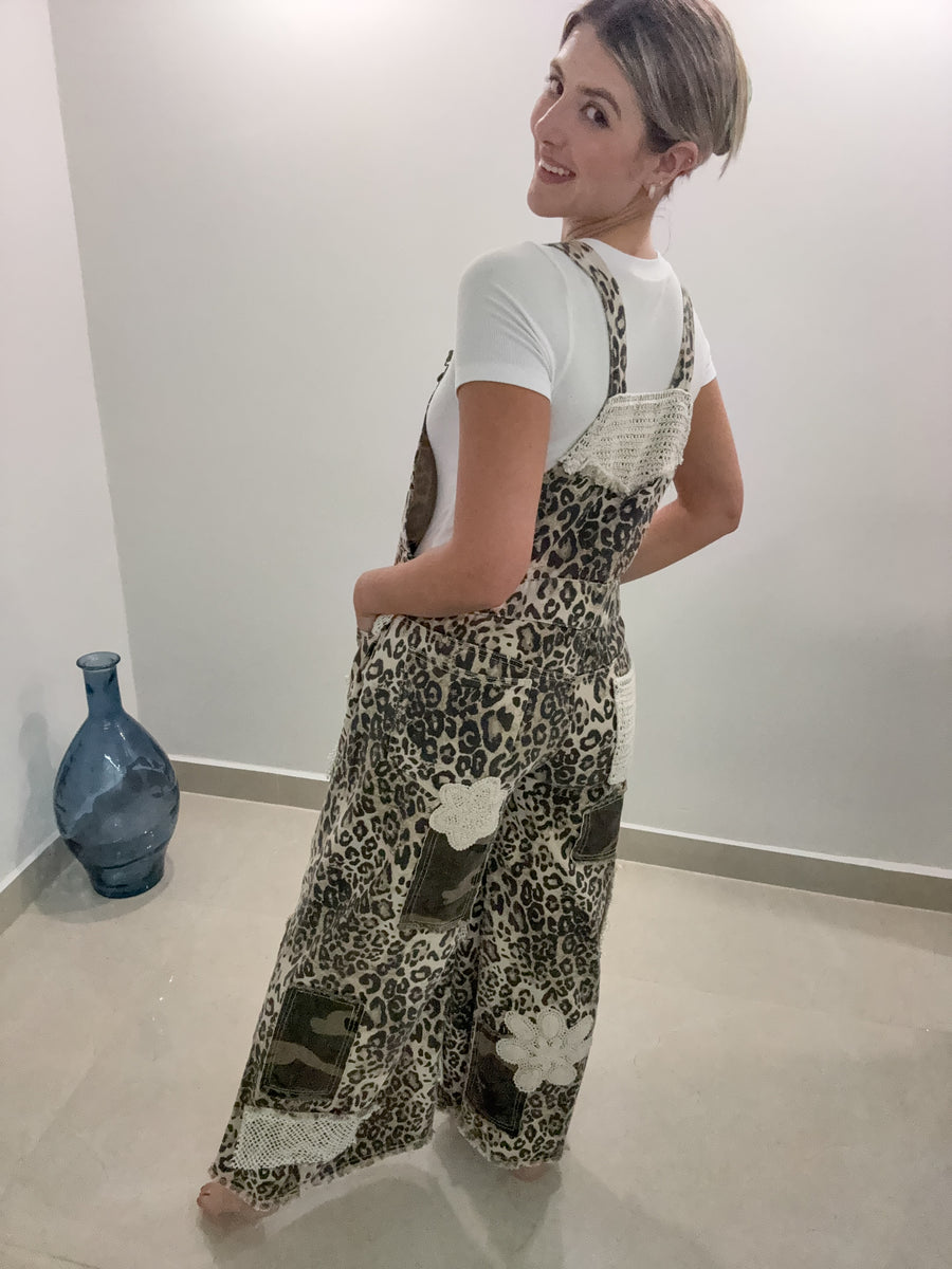 STRETCHY LEOPARD DENIM PATCHORK OVERALL JUMPSUIT