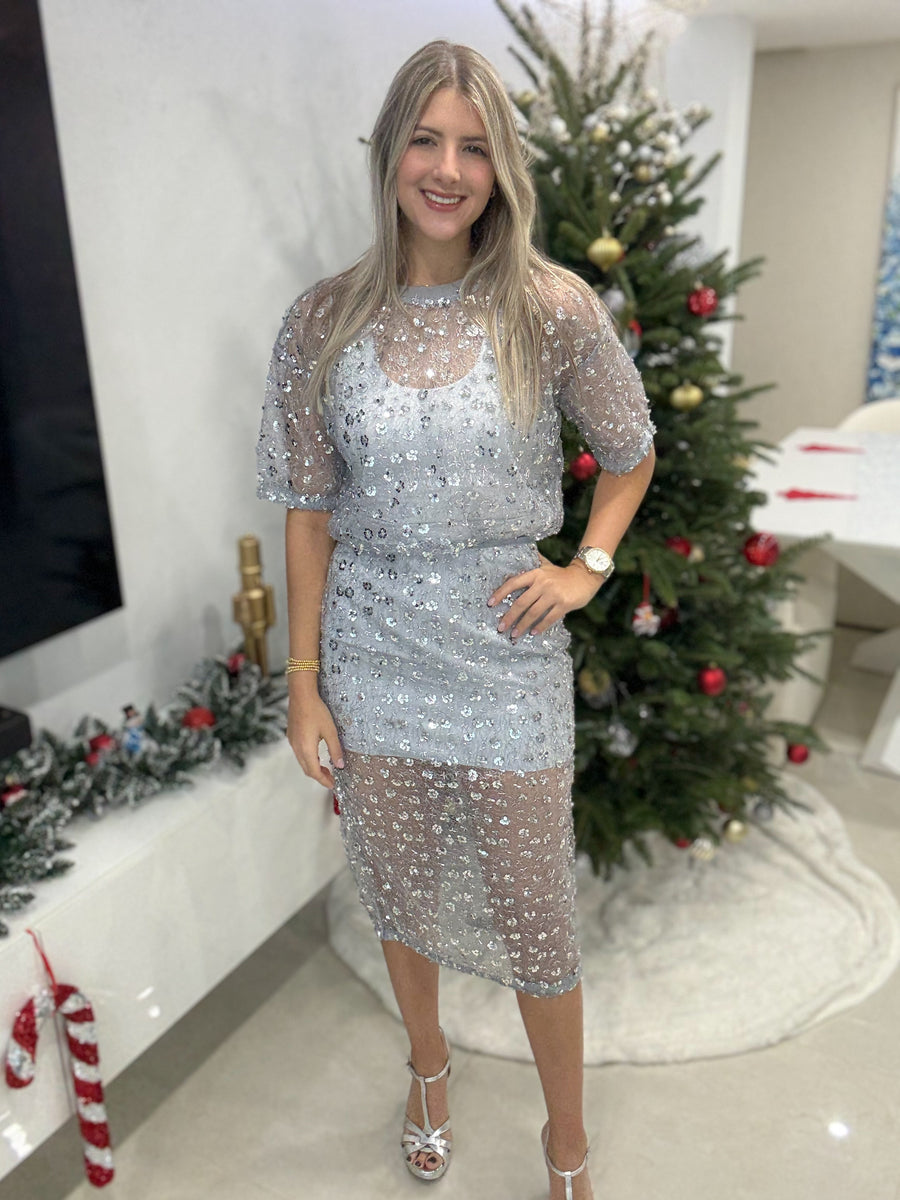 BLUE SILVER SEQUIN BLOUSE