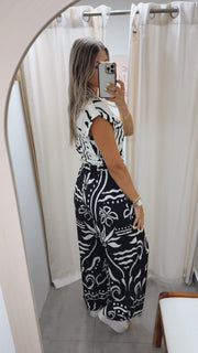 BLACK/IVORY PRINT JUMPSUIT