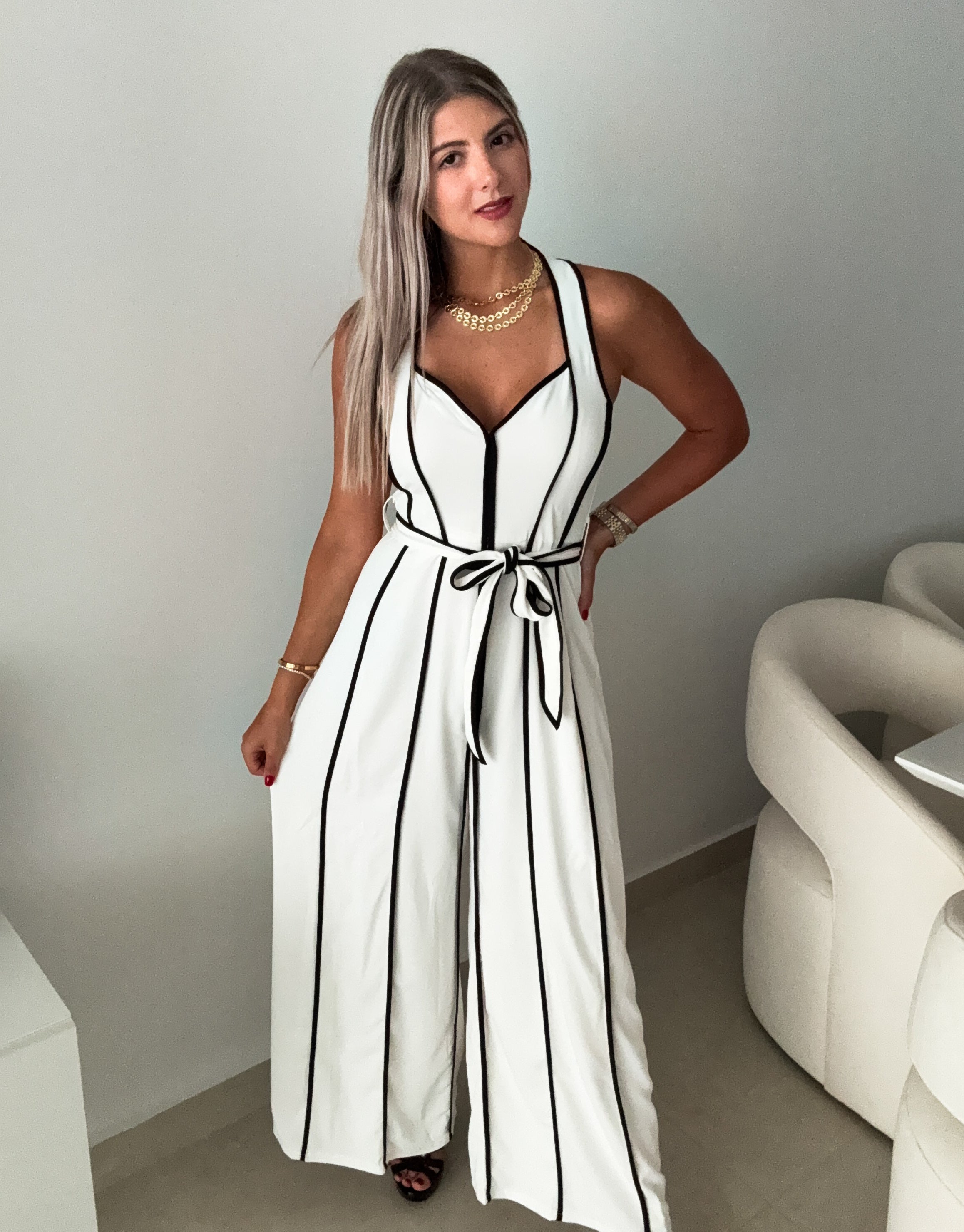 WHITE/BLACK HALTER JUMPSUIT