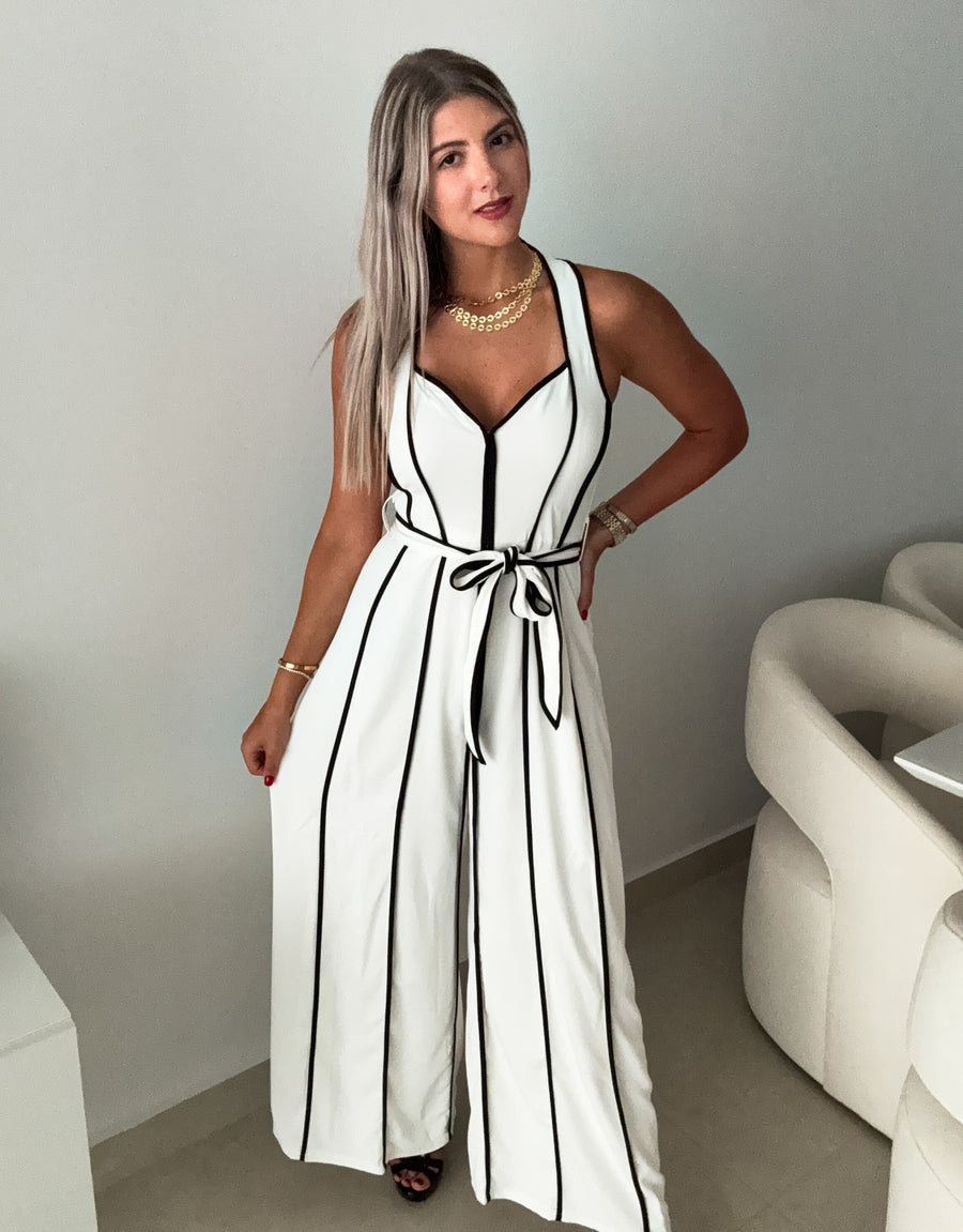 WHITE/BLACK HALTER JUMPSUIT