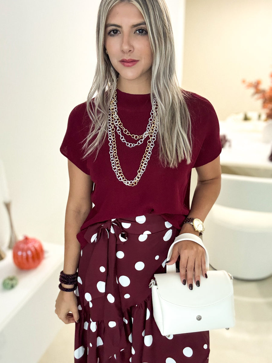 BURGUNDY POLKA DOT WRAP AROUND SKIRT