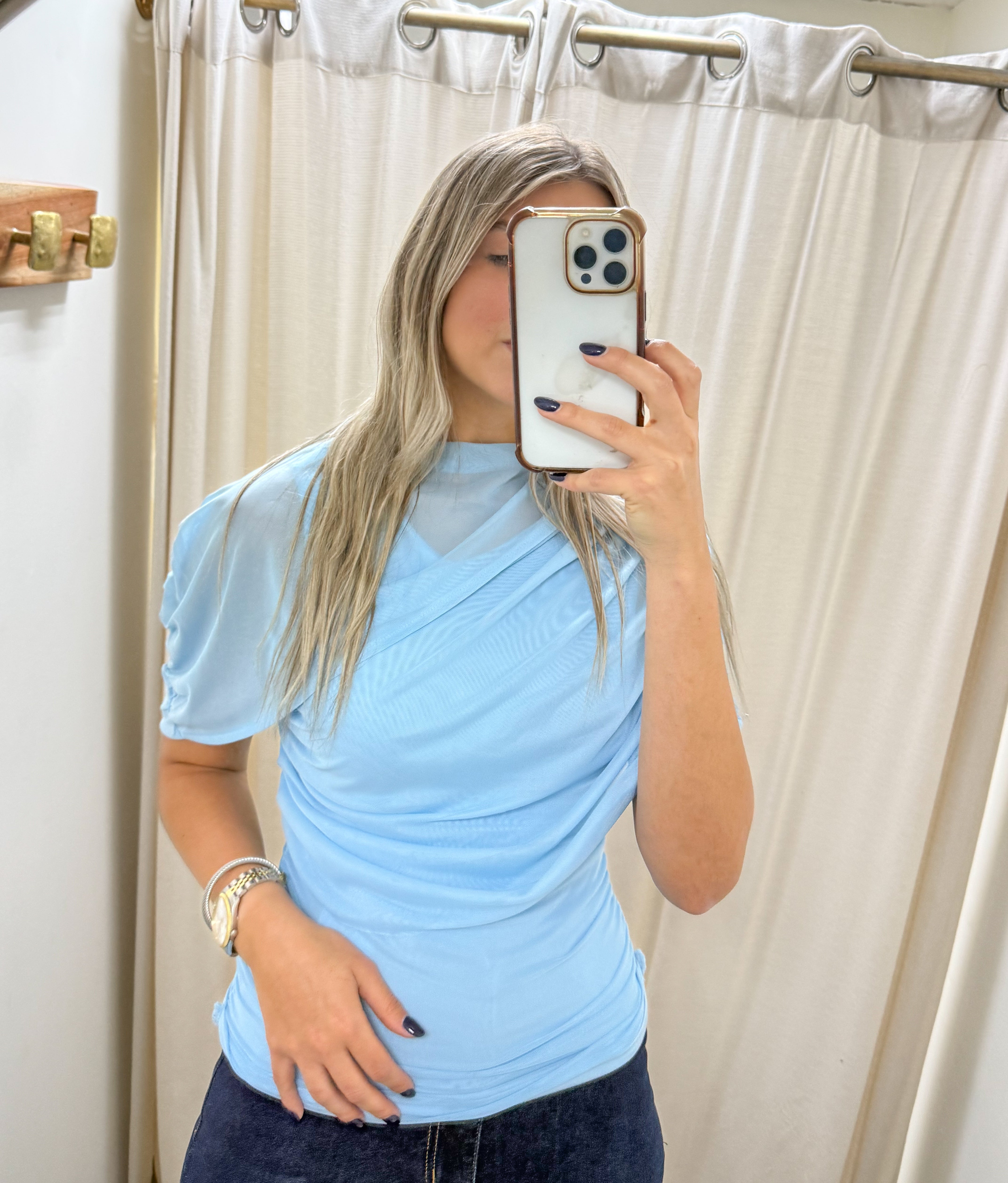 BLUE MESH RUCHED BLOUSE