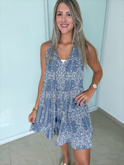 BLUE PRINT TIERED SHORT DRESS