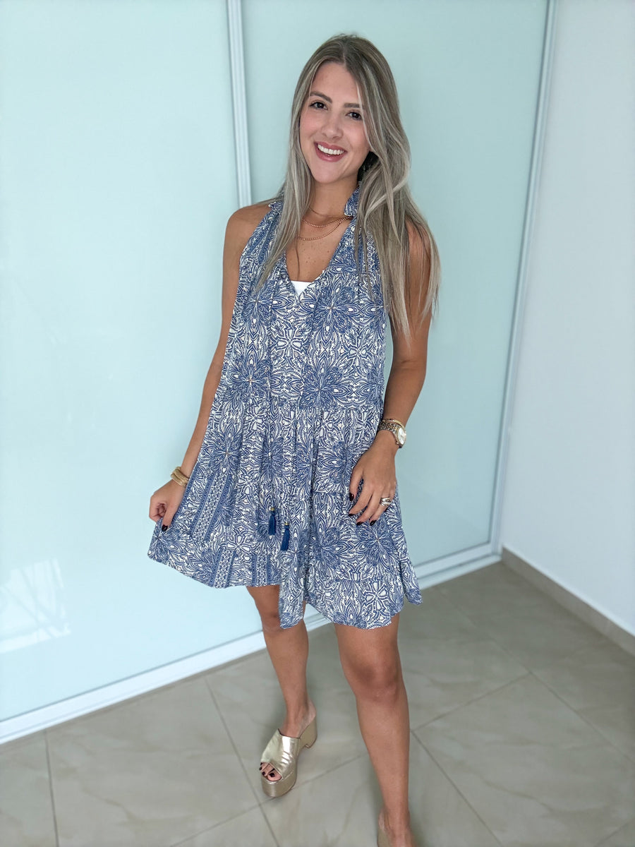 BLUE PRINT TIERED SHORT DRESS