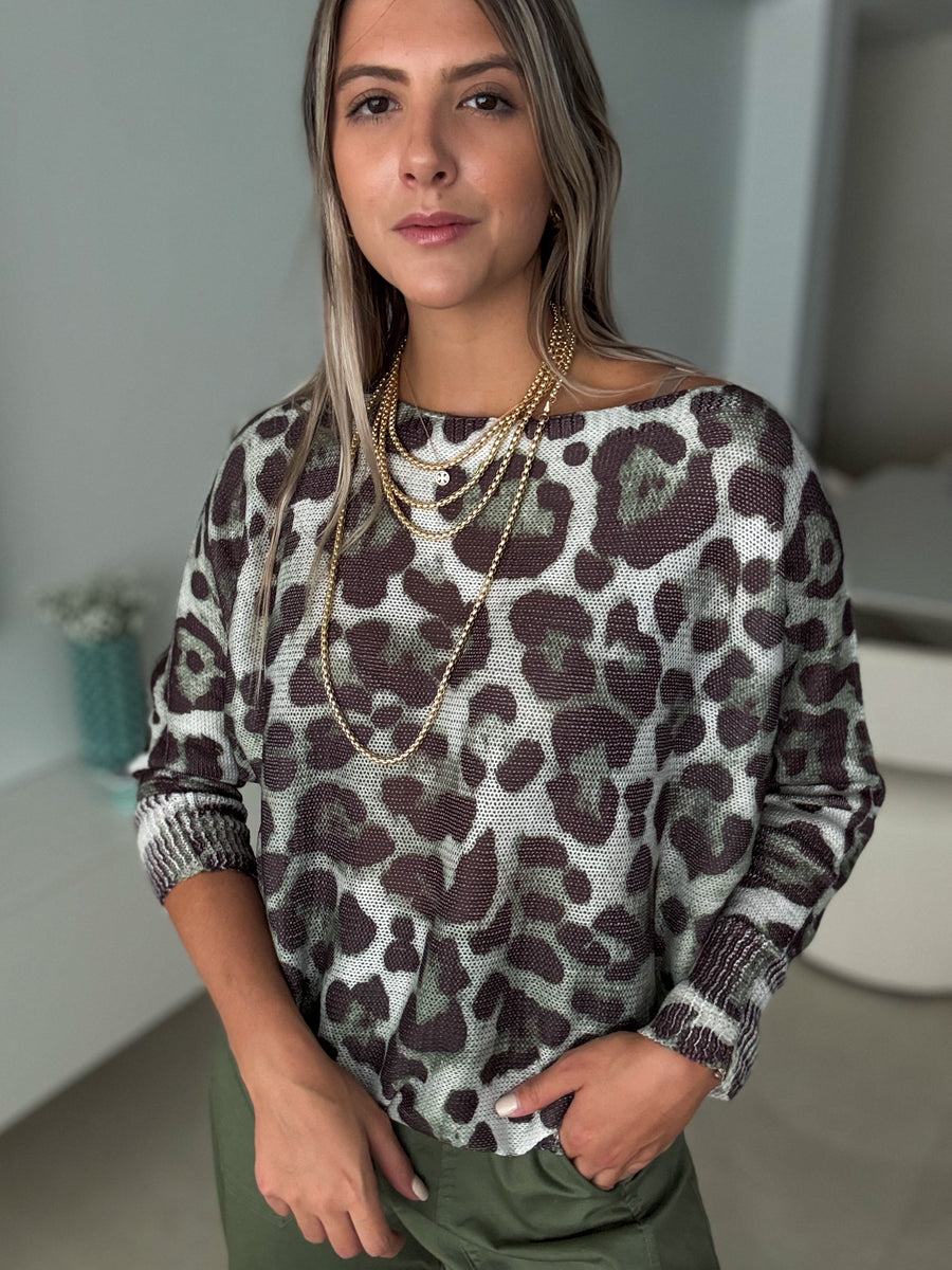 GREEN ANIMAL PRINT KNITTED TOP