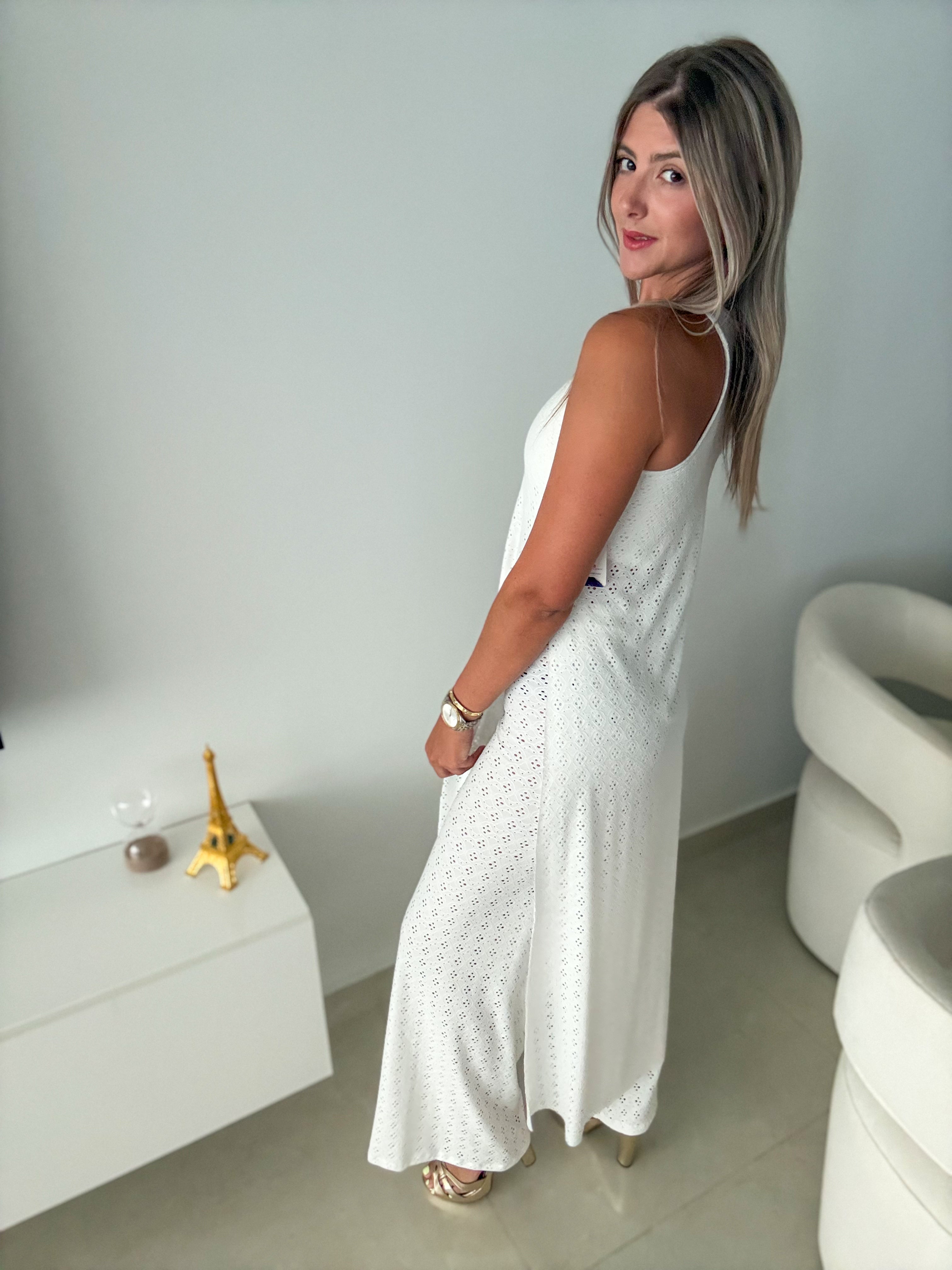 PIA WHITE EYELET RACERBACK TOP & PANT SET