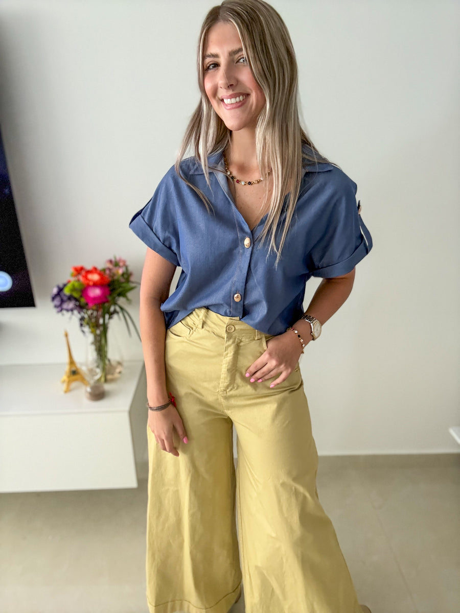 DENIM GOLD BUTTONED BLOUSE