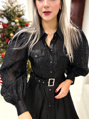 BLACK RHINESTONES LONG SLEEVE DRESS