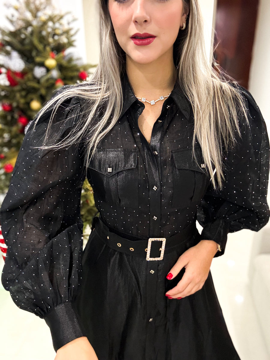 BLACK RHINESTONES LONG SLEEVE DRESS