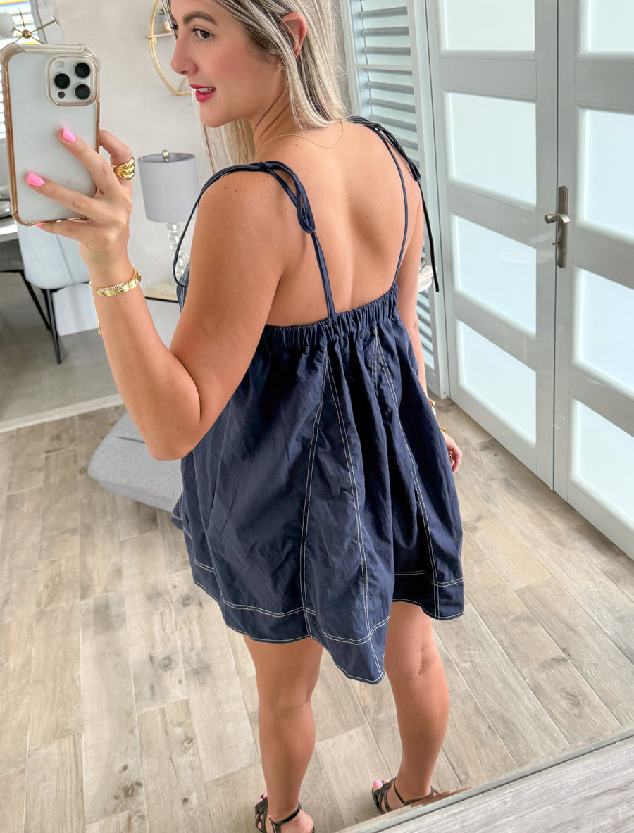 NAVY STITCH SHORT DRESS