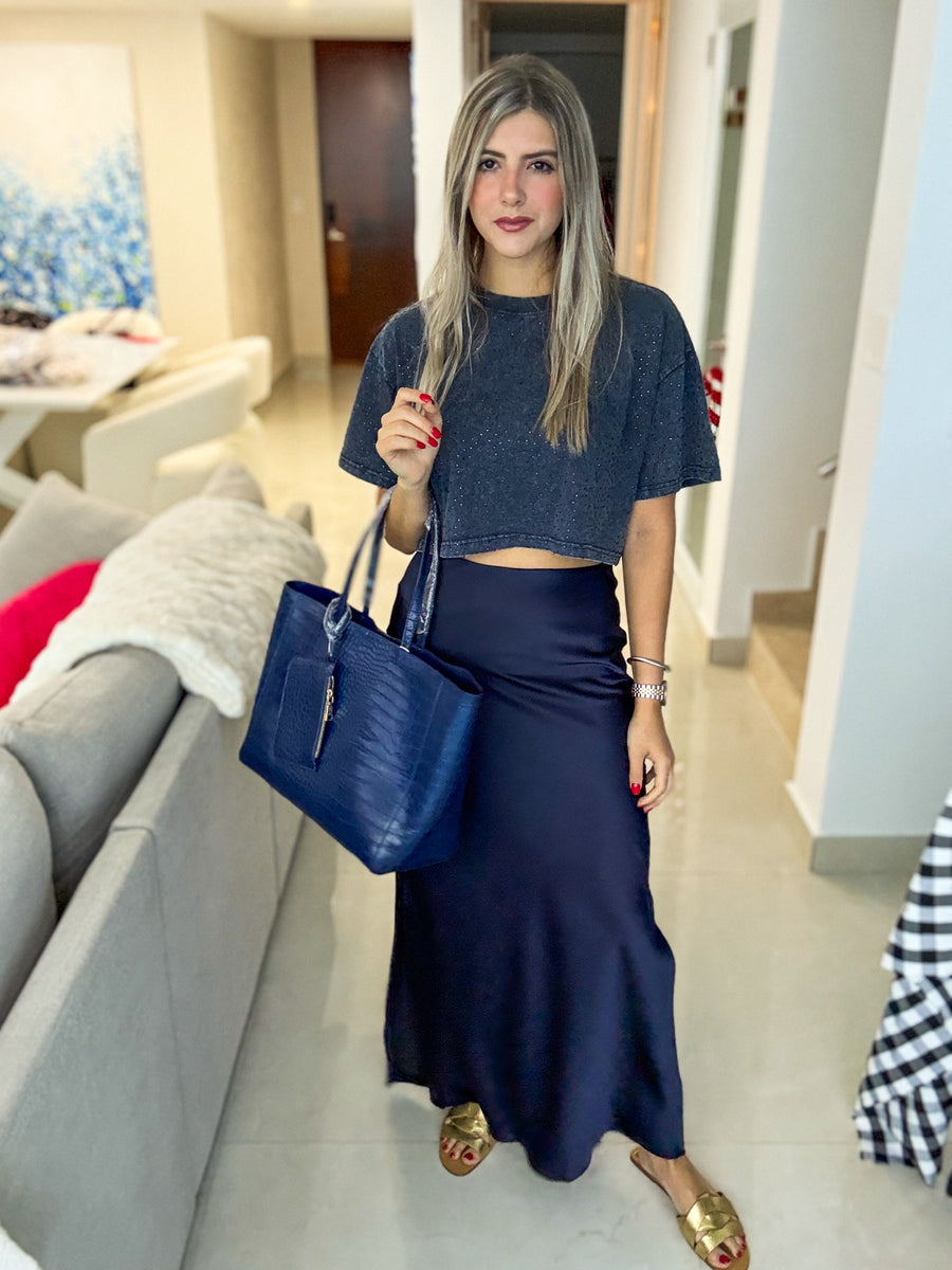 NAVY SATIN SKIRT