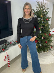 BLACK BEJEWELED NECK DETAIL LONG SLEEVE BLOUSE