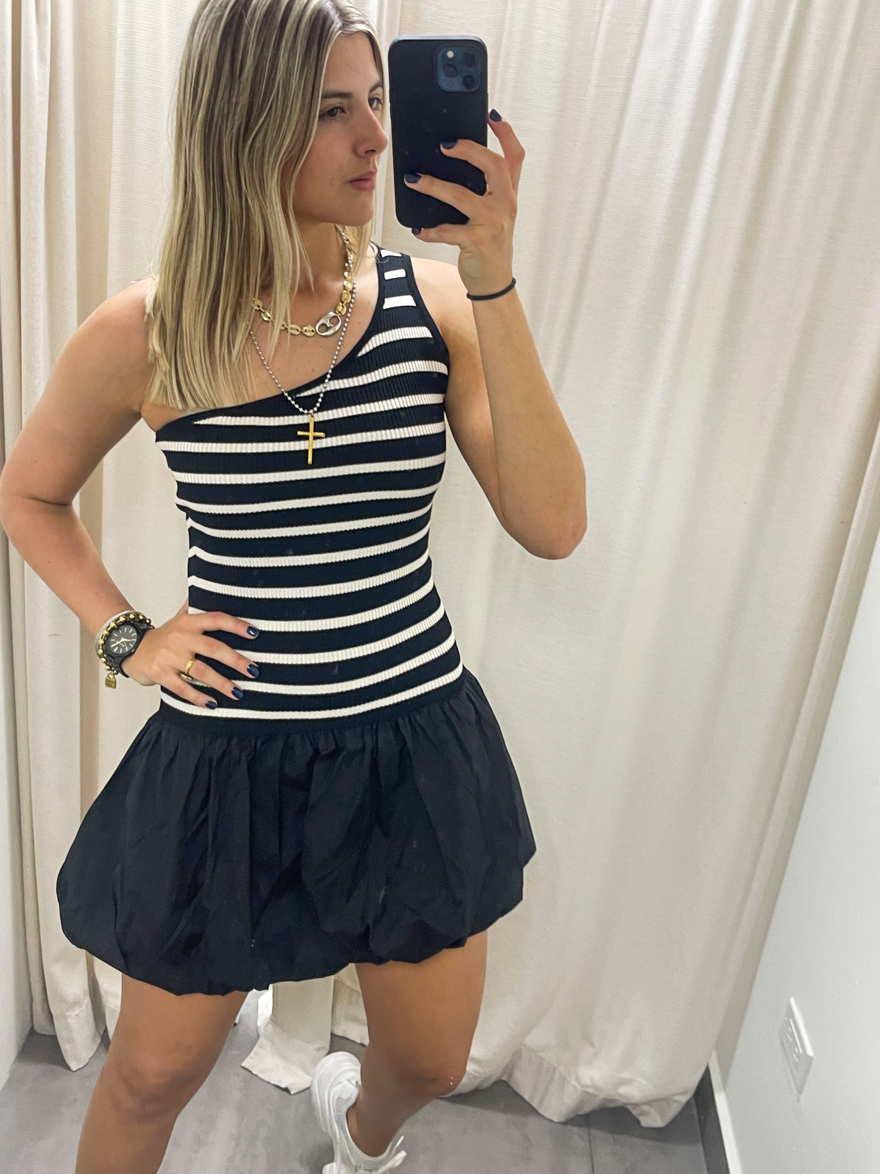 ONE SHOULDER STRIPED BUBBLE DRESS