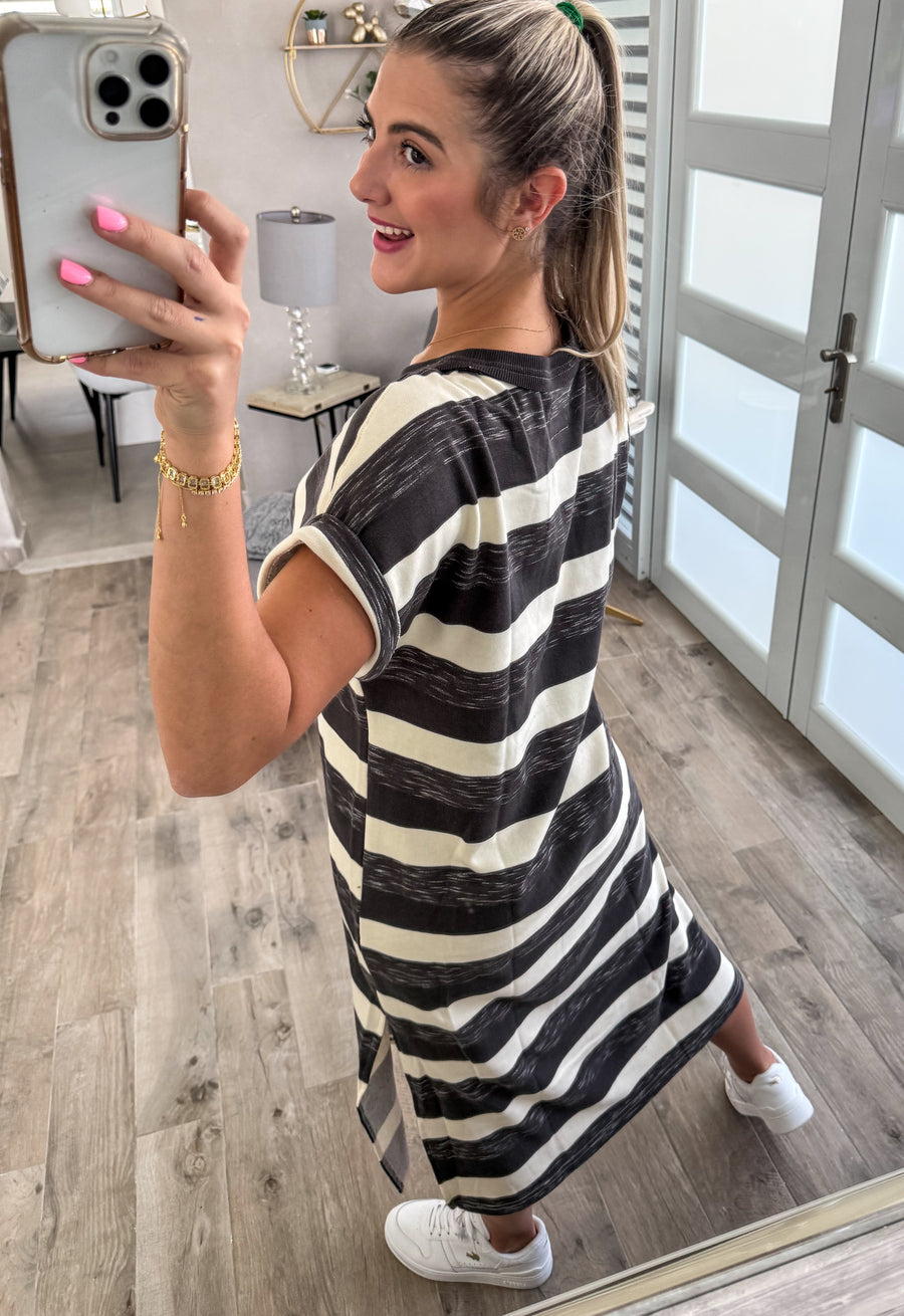 CHARCOAL GRAY STRIPED LOUNGE MIDI DRESS