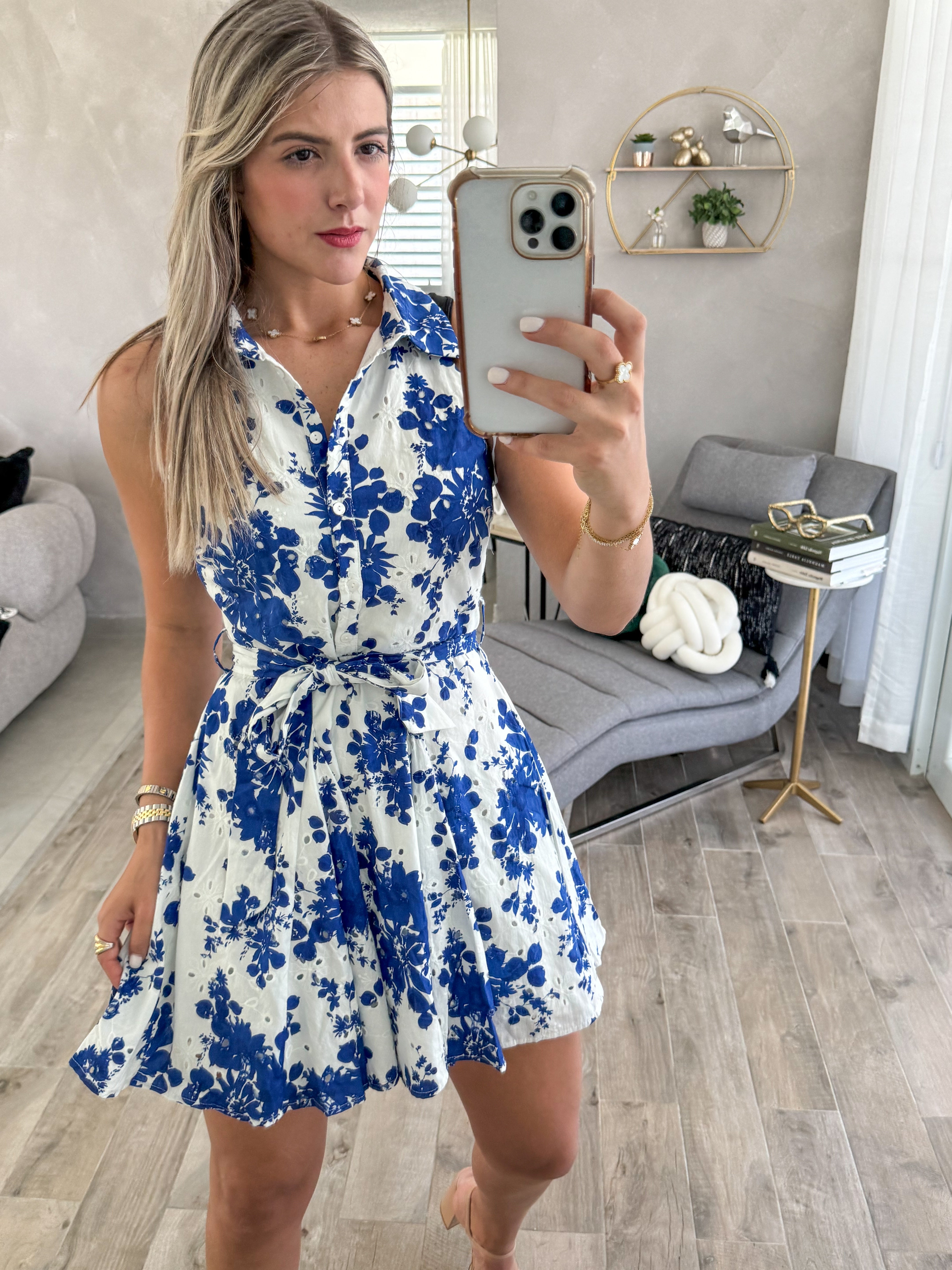BLUE PRINTED EYELET SLEEVELESS SHORT DRESS