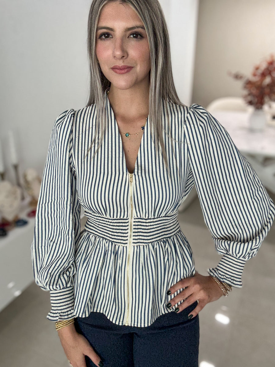 NAVY/CREAM STRIPED ZIPPER LONG SLEEVE BLOUSE