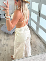 CREAM EYELET WIDE LEG PANTS