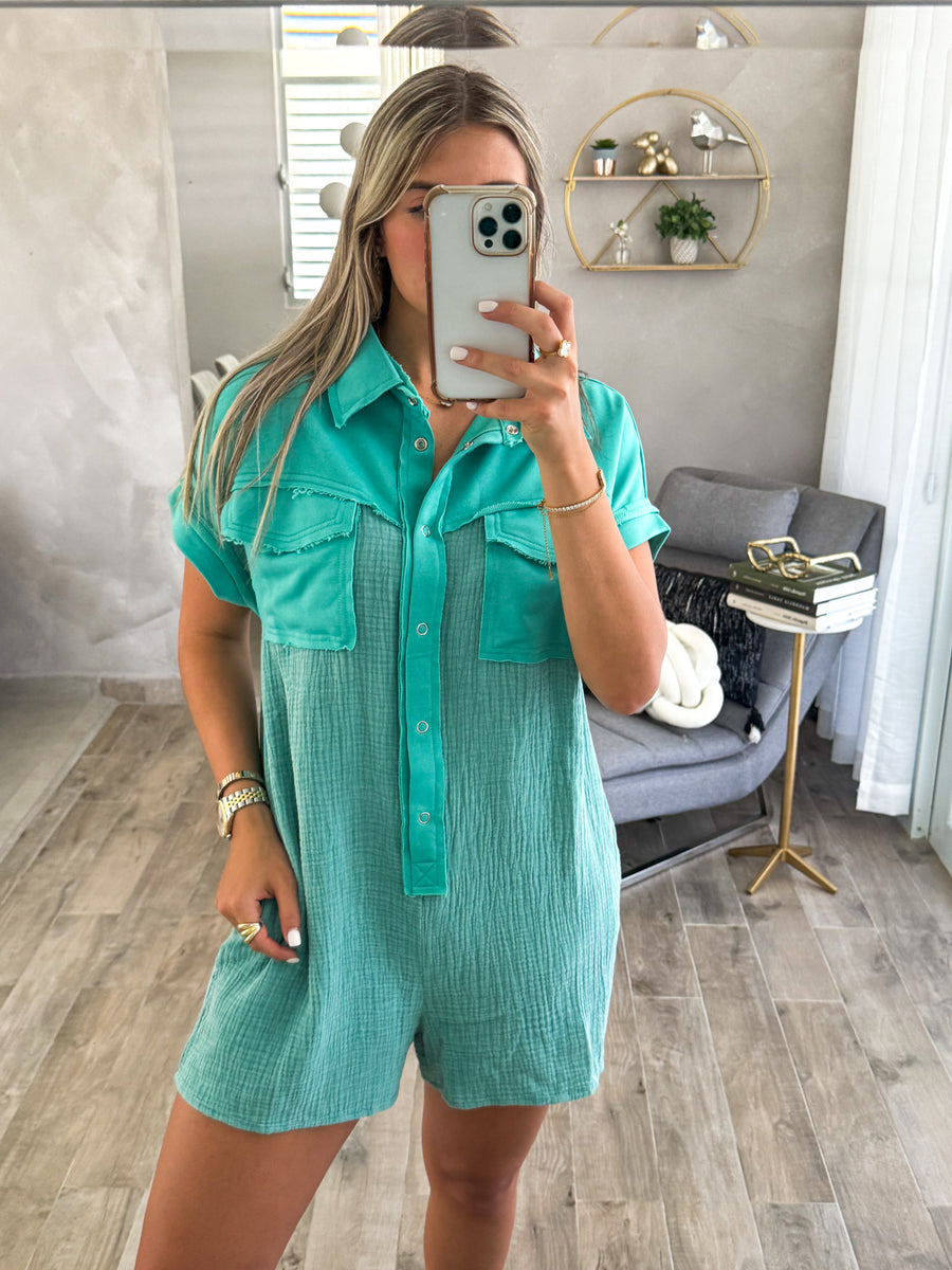 JADE GAUZE MIXED FABRIC ROMPER