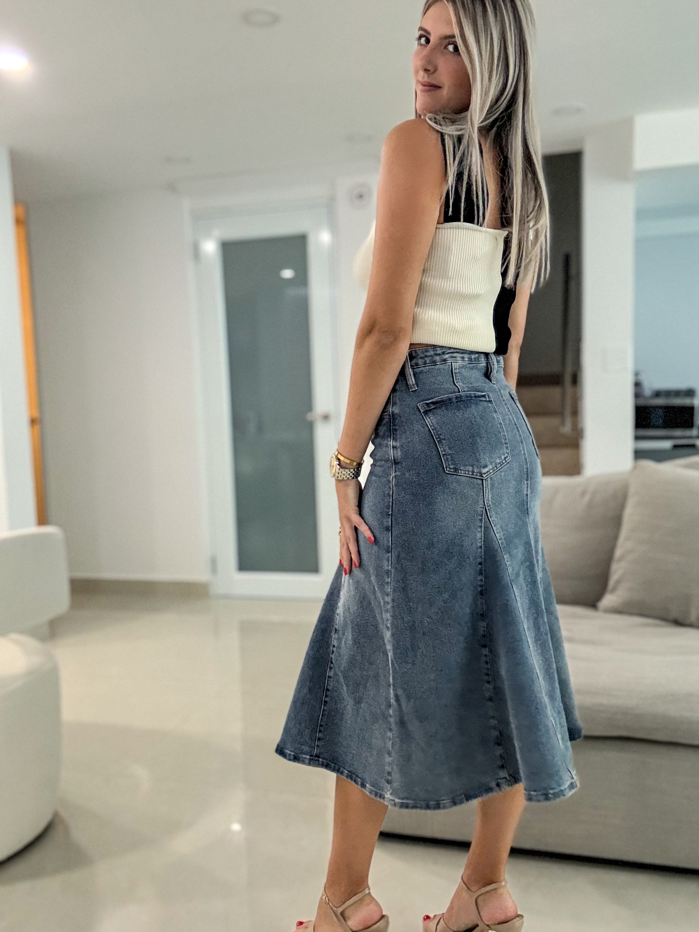 DENIM BELTED STRETCHY MIDI SKIRT
