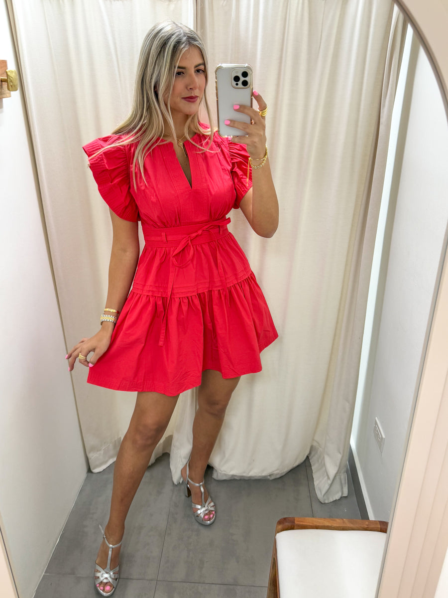RED FLUTTER SLEEVES POPLIN SHORT DRESS